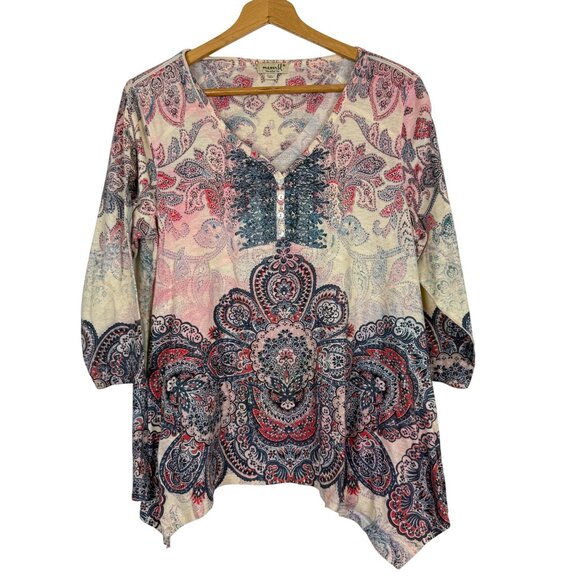 One World Paisley Print Tunic Top Sz XL Beaded 3/4 Sleeves Asymmetrical Hem - Picture 1 of 11